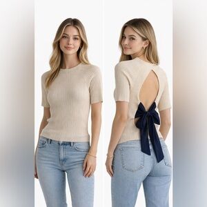 ZARA Knit Ribbed Short Sleeve Sweater with Open Back Bow – Size M – NWT